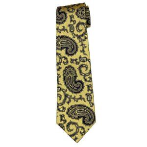 Aquascutum London Silk Tie Golden Yellow Navy Blue Paisley Pattern Men's 56.5"